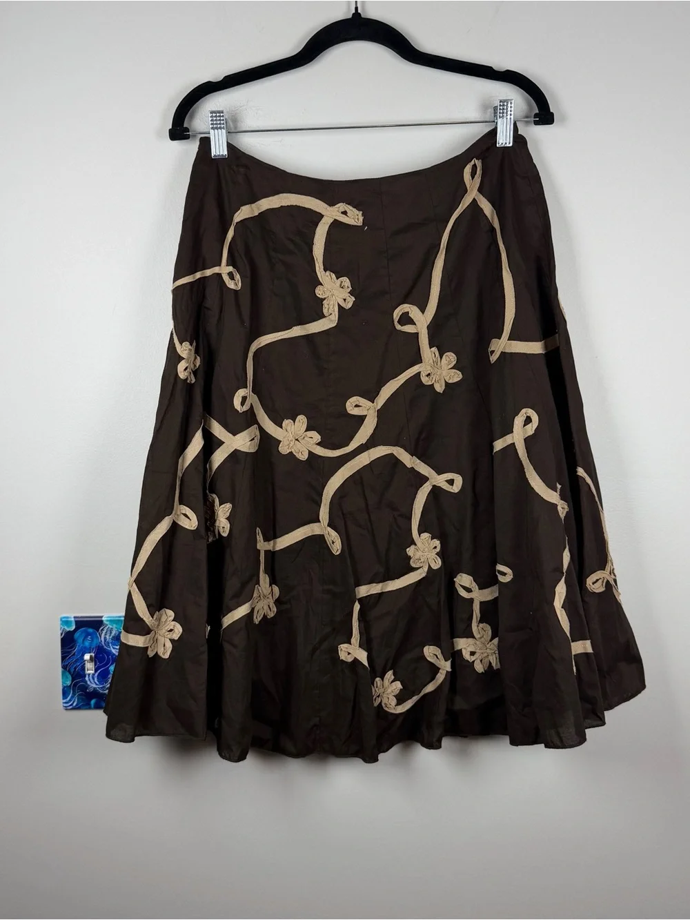 Sunny Leigh Y2K Brown Tan Floral Ribbon Appliqué Midi Skirt Fairy 100% Cotton 8